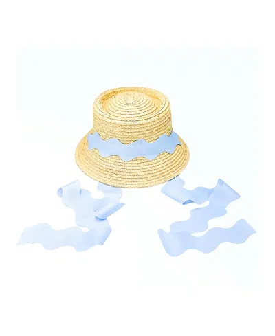 Bits & Bows Girls' Straw Harbor Hat With Scalloped Ribbon - Little Kid, Big Kid In Straw With Blue Ribbon
