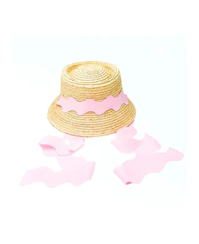 Bits & Bows Girls' Straw Harbor Hat With Scalloped Ribbon - Little Kid, Big Kid In Straw With Pink Ribbon