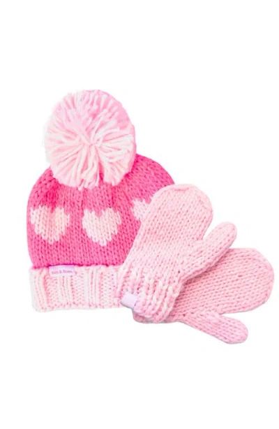 Bits & Bows Kids'  Hearts Knit Hat/mittens Bundle In Pink