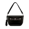 Bixi Awotan Women's Large All Black Leather Crossbody Sling Bag With Studs & Metal Rivets Unisex Detachable Tass