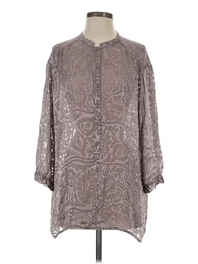 Pre-owned Biya 3/4 Sleeve Silk Top Gray Metallic Pattern Mock Neckline Tops