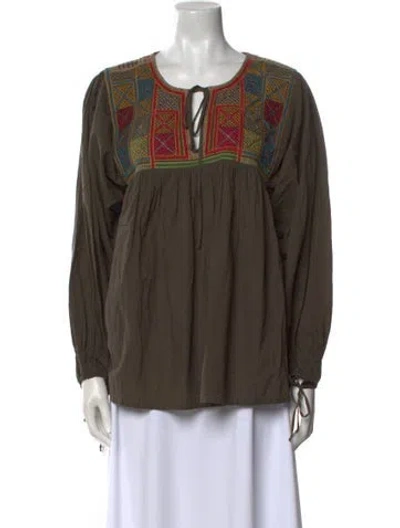 Pre-owned Biya Graphic Print Tie Neck Blouse In Green