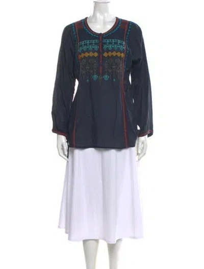 Pre-owned Biya Patterned Crew Neck Blouse In Blue