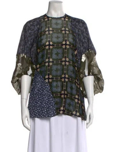 Pre-owned Biya Plaid Print Mock Neck Blouse In Green