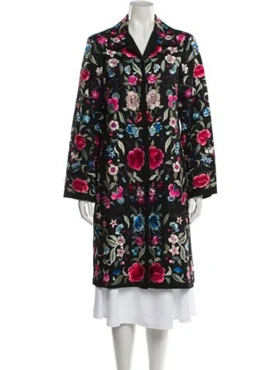 Pre-owned Biya Silk Floral Print Trench Coat In Black