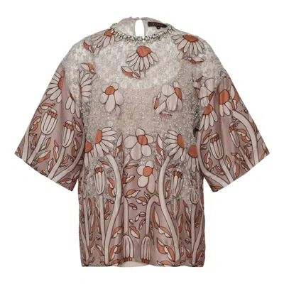 Biyan Beaded Mix Lace And Twill Silk Top In Multi