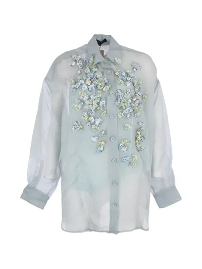 Biyan Embellished Organza Silk Shirt In Green
