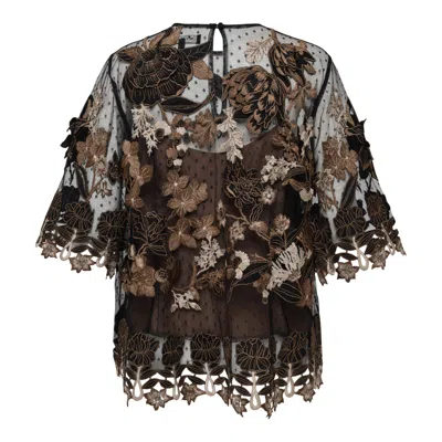 Biyan Embroidered And 3d Applique Tulle Top In Brown
