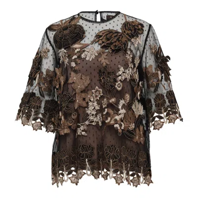 Biyan Embroidered And 3d Applique Tulle Top In Brown