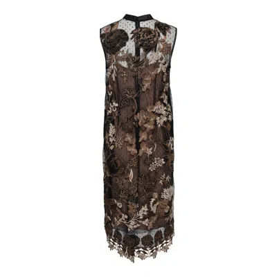 Biyan Embroidered And 3d Dot Tulle Dress In Brown