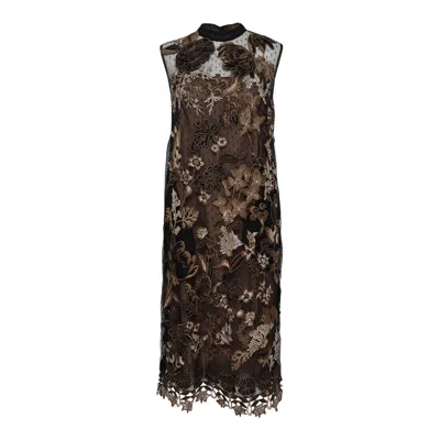 Biyan Embroidered And 3d Dot Tulle Dress In Brown