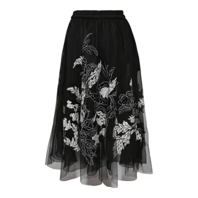 Biyan Embroidered Tulle Gathered Midi Skirt In Black