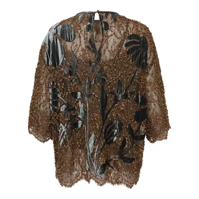 Biyan Lace Blouse With Velvet Embroidery In Brown