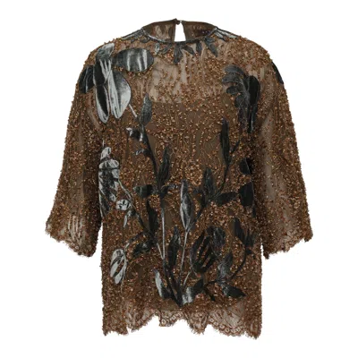 Biyan Lace Blouse With Velvet Embroidery In Brown