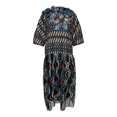 Biyan Mix Silk Print And Dot Tulle Dress In Burgundy