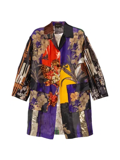 Biyan Patchwork Organza Printed Coat In Purple