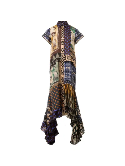 Biyan Patchwork Ruffled Midi Dress In Brown
