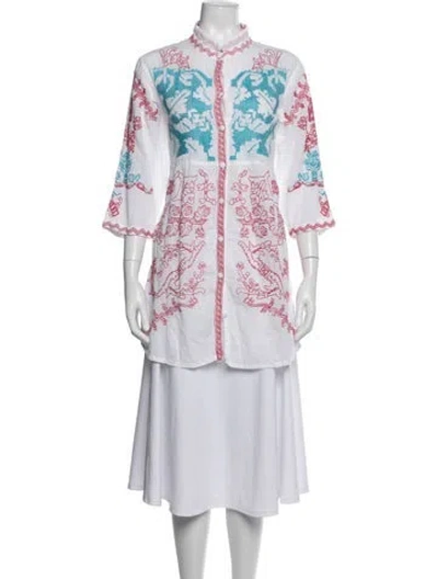 Pre-owned Biyan Printed Three-quarter Sleeve Blouse In Blue/white