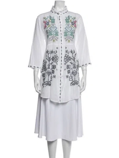 Pre-owned Biyan Printed Three-quarter Sleeve Top In White