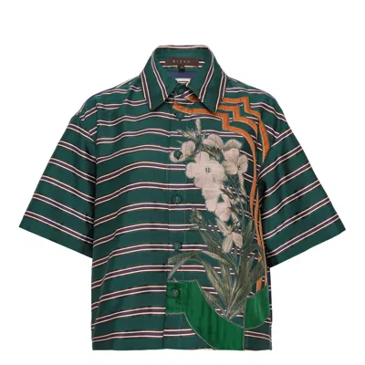 Biyan Stripe Cotton Silk Short Sleeve Shirt In Blue