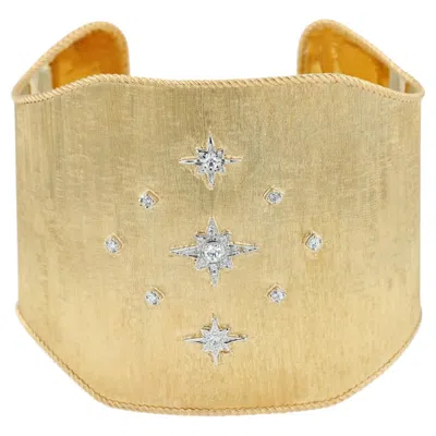 Pre-owned Bizzotto Gioielli 18k Yellow Gold Wide Diamond Star Cuff Bracelet Handcrafted
