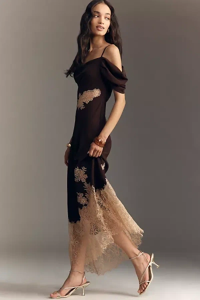 Bl-nk Satin Off-shoulder Lace Midi Dress In Brown