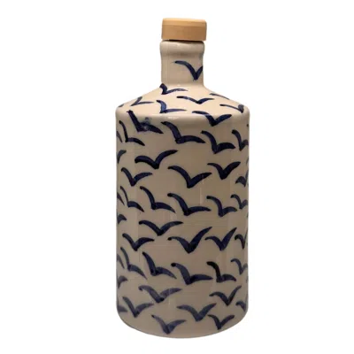 Black And Wild Blue / White Artisan Crafted Ceramic Navy Birds Bottle And Vase In Animal Print