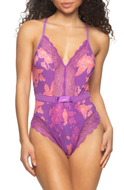 Black Bow Henny Satin & Lace Thong Bodysuit In Cabana Floral
