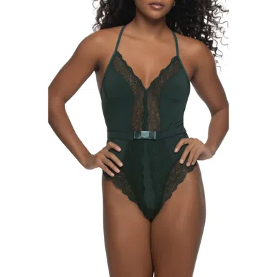 Black Bow Henny Satin & Lace Thong Bodysuit In Scarab