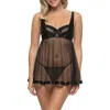 Black Bow Idol Microfiber & Mesh Babydoll Chmise & G-string Set In Black
