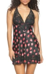 Black Bow 'muse' Lace & Satin Backless Chemise In Fresh Picked/ Black