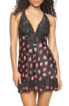 Black Bow 'muse' Lace & Satin Backless Chemise In Fresh Picked/black