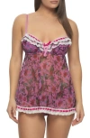 Black Bow Ruffle Luxe Mesh Babydoll In Berry Eden