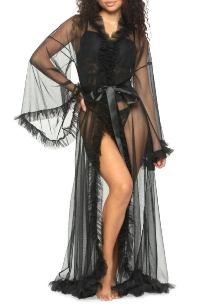 Black Bow Veil Sheer Dressing Gown In Black