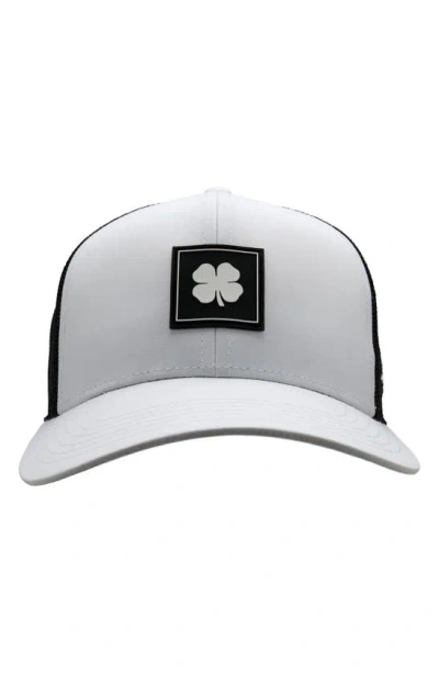 Black Clover Luck Square Patch Snapback Trucker Hat In White/ Black
