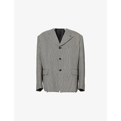 Black Comme Des Garcon Mens Houndstooth Double-breasted Wool Blazer Black And White