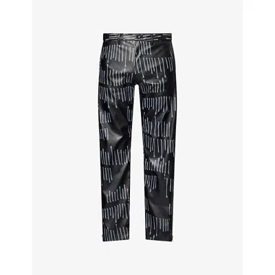 Black Comme Des Garcon Mens Black/grey Printed Straight-leg Faux-leather Trousers In Multi