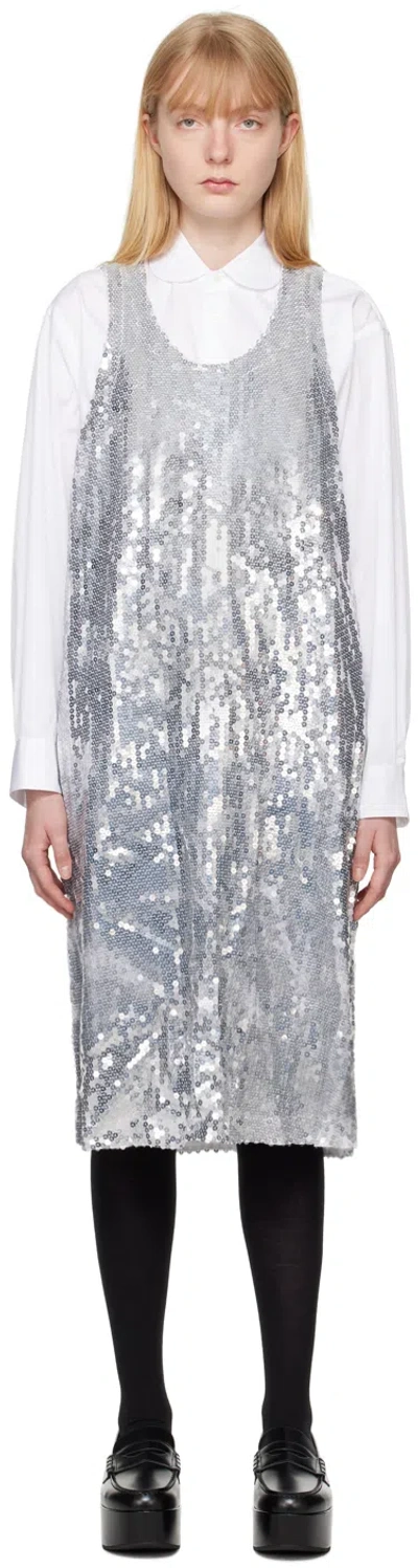 Black Comme Des Garçons Silver Sequin Midi Dress In 2 White/silver