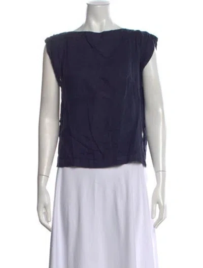 Pre-owned Black Crane Linen Bateau Neckline Top In Blue