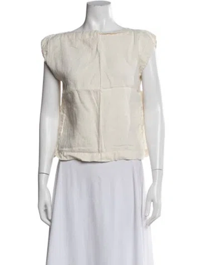 Pre-owned Black Crane Linen Crew Neck Top In White