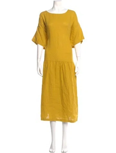 Pre-owned Black Crane Linen Long Dress In Yellow