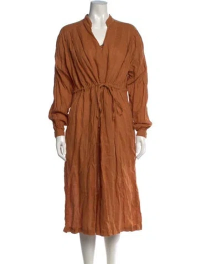 Pre-owned Black Crane Linen Midi Length Dress In Brown
