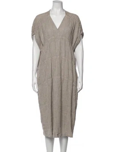 Pre-owned Black Crane Linen Midi Length Dress In Gray
