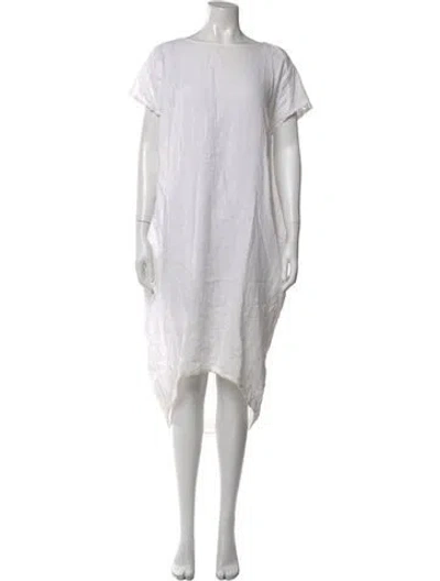 Pre-owned Black Crane Linen Midi Length Dress In White