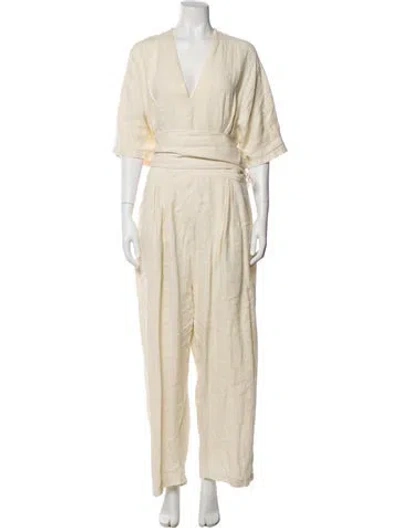 Pre-owned Black Crane Linen Plunge Neckline Jumpsuit In Neutral