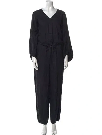 Pre-owned Black Crane Linen V-neck Jumpsuit In Black