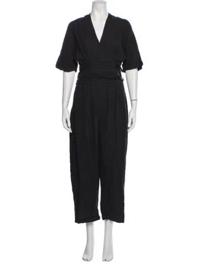 Pre-owned Black Crane Linen V-neck Jumpsuit In Blue