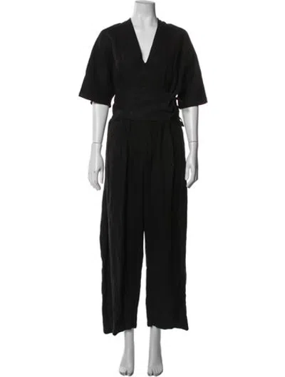 Pre-owned Black Crane Linen V-neck Jumpsuit In Blue