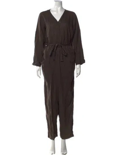 Pre-owned Black Crane Linen V-neck Jumpsuit In Brown