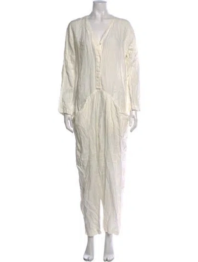 Pre-owned Black Crane Linen V-neck Jumpsuit In Neutrals